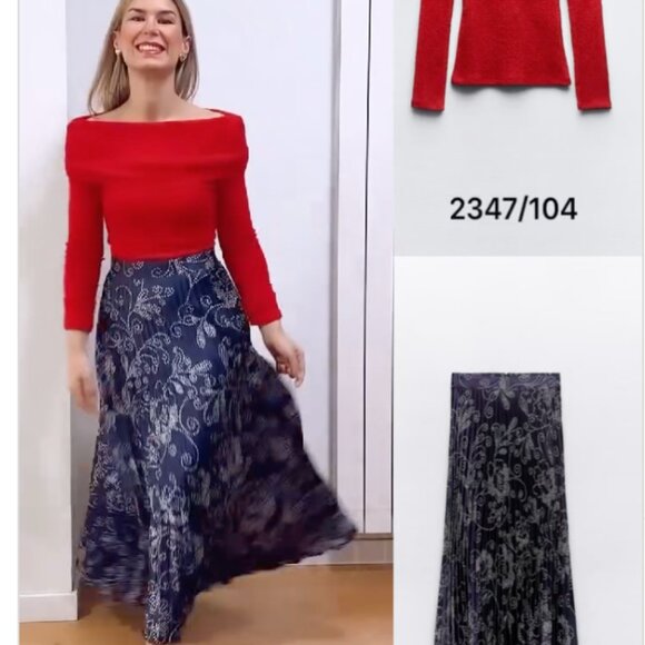 Zara satin effect pleated printed midi skirt navy White floral M NWT 2347/104 - Picture 3 of 11